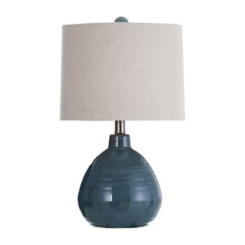 Stylecraft 20inch  Teal Ceramic With Natural Linen Hardback Shade Ceramic Table Lamp