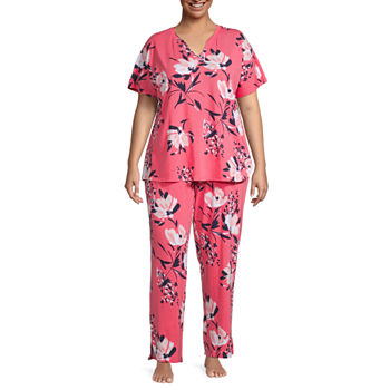 Liz Claiborne Womens Plus Short Sleeve 2-pc. Pant Pajama Set