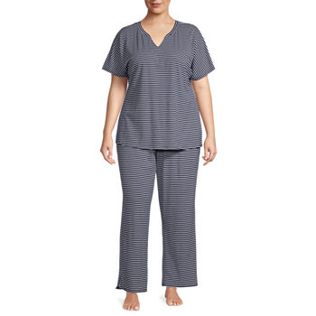 Liz Claiborne Womens Plus Short Sleeve 2-pc. Pant Pajama Set
