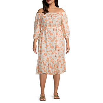 a.n.a Plus 3/4 Sleeve Floral Fit + Flare Dress