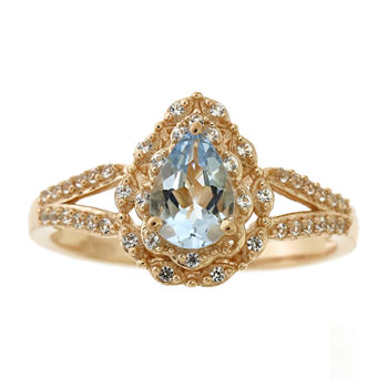 Womens Genuine Blue Aquamarine 14K Rose Gold Over Silver Cocktail Ring
