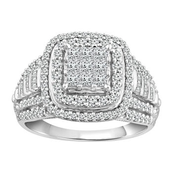 Womens 1 CT. T.W. Genuine White Diamond 10K White Gold Square Halo Engagement Ring