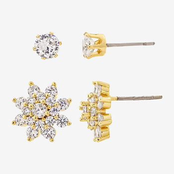Sparkle Allure 14k Gold Over Brass 2 Pair Cubic Zirconia Flower Earring Set