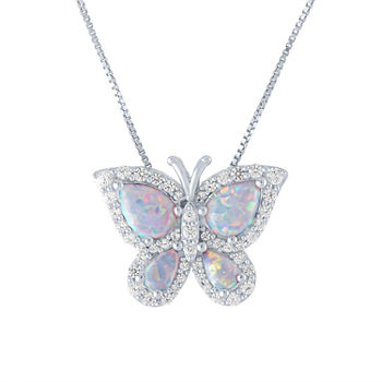 Womens Lab Created White Opal Sterling Silver Butterfly Pendant Necklace