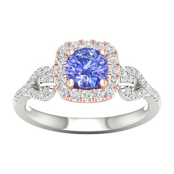 Modern Bride Gemstone Womens 1/3 CT. T.W. Genuine Blue Tanzanite 10K Rose Gold Cushion Side Stone Halo Engagement Ring