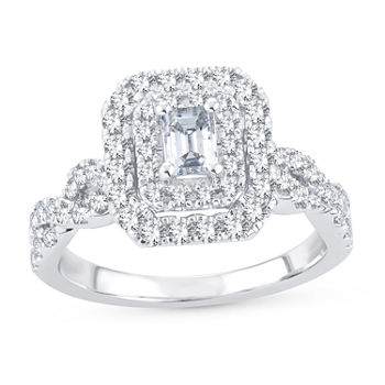 Womens 1 CT. T.W. Lab Grown White Diamond 10K White Gold Cushion Side Stone Halo Engagement Ring