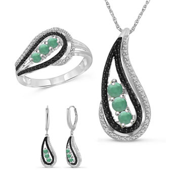 Diamond Accent Genuine Green Emerald Sterling Silver 3-pc. Jewelry Set