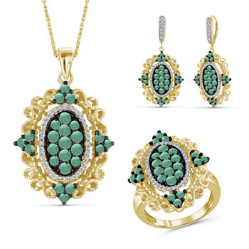 Diamond Accent Genuine Green Emerald 14K Gold Over Silver 3-pc. Jewelry Set
