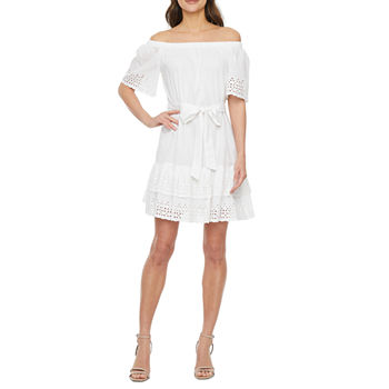 Melonie T Short Sleeve Off The Shoulder Embroidered Eyelet Fit + Flare Dress