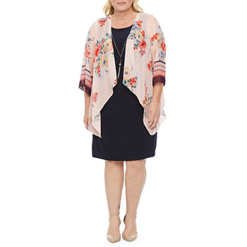 Studio 1 Plus 3/4 Sleeve Floral Faux-Jacket Dress with Attached Necklace