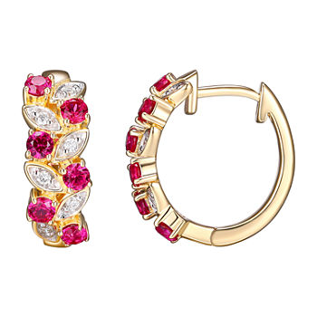 Lab Grown Red Ruby & 1/10 CT. T.W. Lab Grown White Diamond  18K Gold Over Silver 16.5mm Hoop Earrings