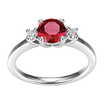 Womens Lab Grown Red Ruby & 1/7 CT. T.W. Lab Grown White Diamond Sterling Silver 3-Stone Cocktail Ring