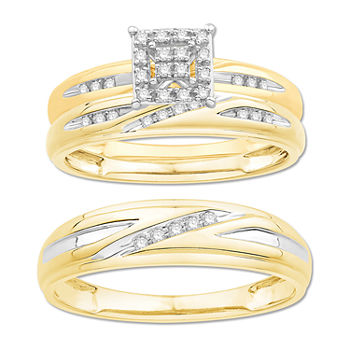 3PC Trio Set Featuring 1/7 CT. T.W.  Diamond 10K Two Tone Gold Womens Size 7 Bridal Set and Mens Size 10.5 Band