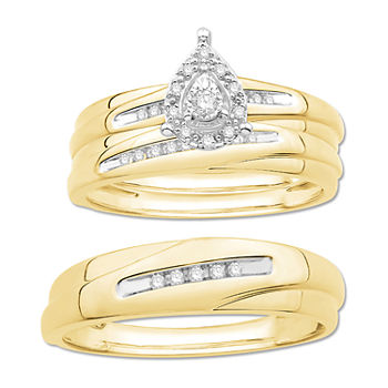 3PC Trio Set Featuring 1/7 CT. T.W. Diamond 10K Two Tone Gold Womens Size 7 Bridal Set and Mens Size 10.5 Band