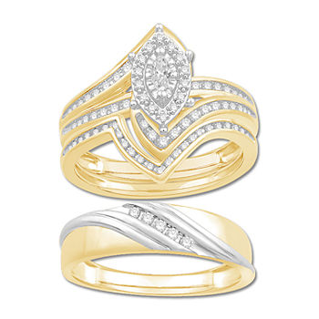 3PC Trio Set Featuring 1/2 CT. T.W. Diamond 10K Two Tone Gold Womens Size 7 Bridal Set and Mens Size 10.5 Band