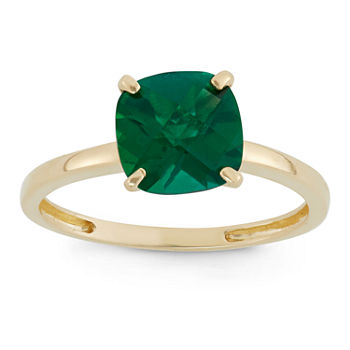 Womens Lab Created Green Emerald 10K Gold Solitaire Cocktail Ring