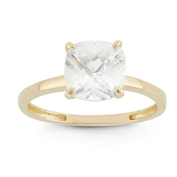 Womens White Sapphire 10K Gold Square Solitaire Cocktail Ring