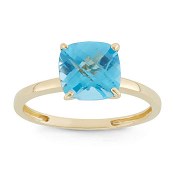 Womens Blue Topaz 10K Gold Square Solitaire Cocktail Ring