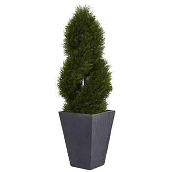 4’ Cypress Double Spiral Topiary Artificial Treein Slate Planter UV Resistant (Indoor/Outdoor)