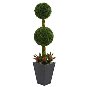 5’ Double Boxwood Ball Topiary Artificial Tree in Slate Planter UV Resistant (Indoor/Outdoor)