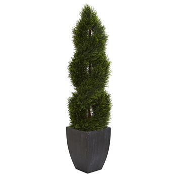 5’ Double Pond Cypress Spiral Topiary Artificial Tree in Black Wash Planter UV Resistant (Indoor/Outdoor)