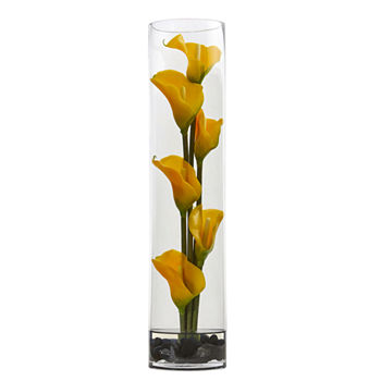 18” Mini Calla Lily Artificial Arrangement in Cylinder Glass Vase