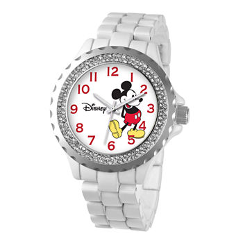 Disney Womens Mickey Mouse White Enamel Sparkle Watch