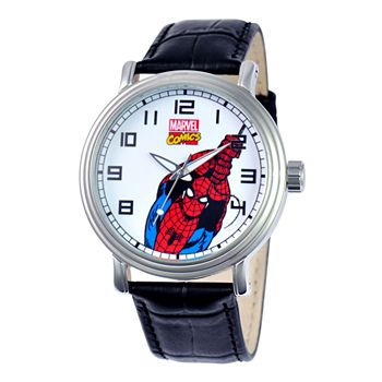Disney® Vintage Mens Spiderman Black Leather Strap Watch