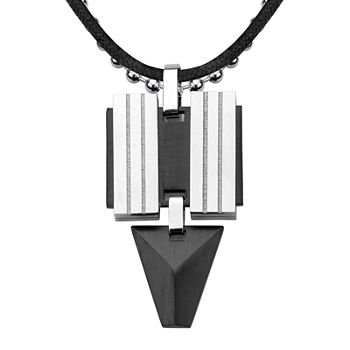 Inox® Jewelry Mens Black Leather, Stainless Steel and Black IP Pendant