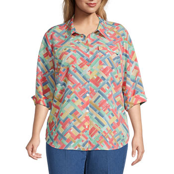Alfred Dunner Plus Boho Vibes Womens 3/4 Sleeve Button-Down Shirt