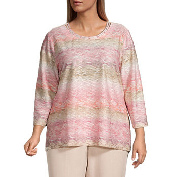 Alfred Dunner Magnolia Springs Womens Plus Round Neck 3/4 Sleeve T-Shirt
