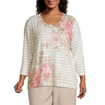 Alfred Dunner Magnolia Springs Womens Plus Round Neck 3/4 Sleeve T-Shirt