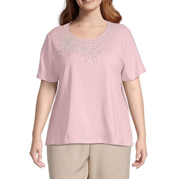 Alfred Dunner Magnolia Springs Womens Plus Round Neck Short Sleeve T-Shirt
