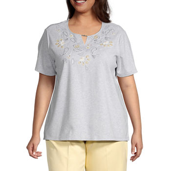 Alfred Dunner Chapel Hill Womens Plus Keyhole Neck Short Sleeve T-Shirt