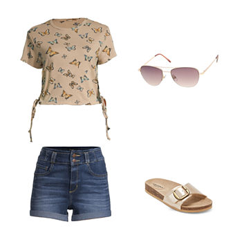 Butterfly Tee, Two-Button Denim Shorts, Arizona Farus  Sandals & a.n.a Aviator Sunglasses