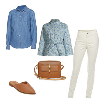 St. John's Bay Quilted Jacket, Classic Shirt, Skinny Jeans, Newberry Crossbody Bag & a.n.a Cabler Mules