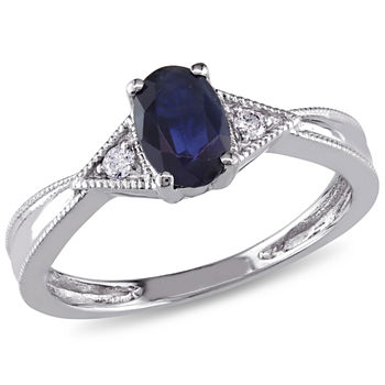 Womens Diamond Accent Genuine Blue Sapphire 14K White Gold Engagement Ring