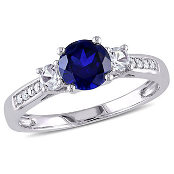 Womens Diamond Accent Lab Created Blue Sapphire 10K White Gold Round 3-Stone Engagement Ring