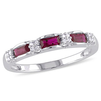 Womens Diamond Accent Lead Glass-Filled Red Ruby 10K White Gold Stackable Ring