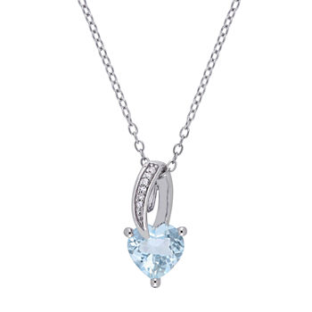 Womens Diamond Accent Genuine Blue Aquamarine Sterling Silver Heart Pendant Necklace