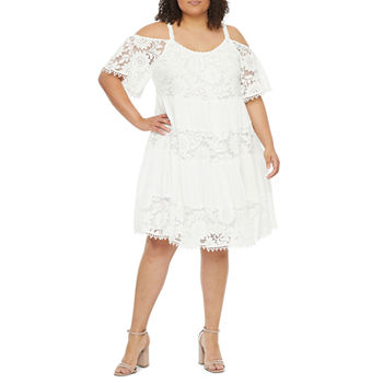 Robbie Bee Plus Short Sleeve Cold Shoulder Lace Inset Fit + Flare Dress