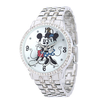Disney Mickey/Minnie Mouse Womens Crystal-Accent Silver-Tone Bracelet Watch