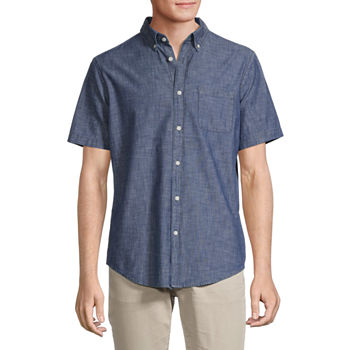 St. John's Bay Chambray Seated Mens Adaptive Classic Fit Short Sleeve Button-Down Shirt