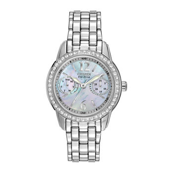 Citizen® Eco-Drive® Womens Silver-Tone Black Mother-of-Pearl Multifunction Watch FD1030-56Y