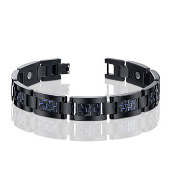 Mens Black Titanium with Blue Carbon Fiber Inlay Bracelet