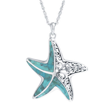 Starfish Womens Enhanced Blue Turquoise Sterling Silver Star Pendant Necklace