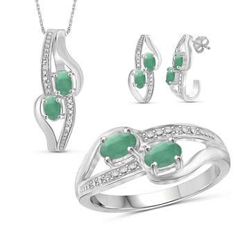 Diamond Accent Genuine Green Emerald Sterling Silver 3-pc. Jewelry Set