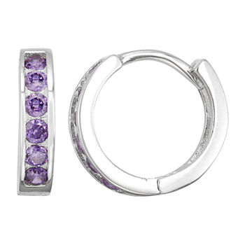 Children'S Purple Cubic Zirconia Sterling Silver 12mm Hoop Earrings