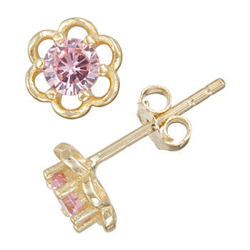 Children'S Pink Cubic Zirconia 14K Gold Over Silver 5mm Flower Stud Earrings