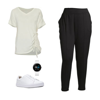 PLUS STYLUS IVORY SIDE TEE/JOGGER: Stylus Plus Side-Shirred Top, Pintuck Joggers & Clarks Shoes